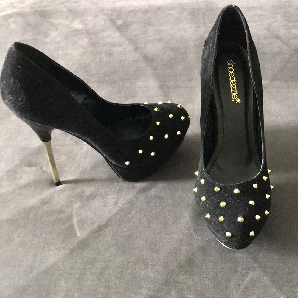 SHOE DAZZLE  "Jackie" Black Velvet Studded  Heels | 8.5